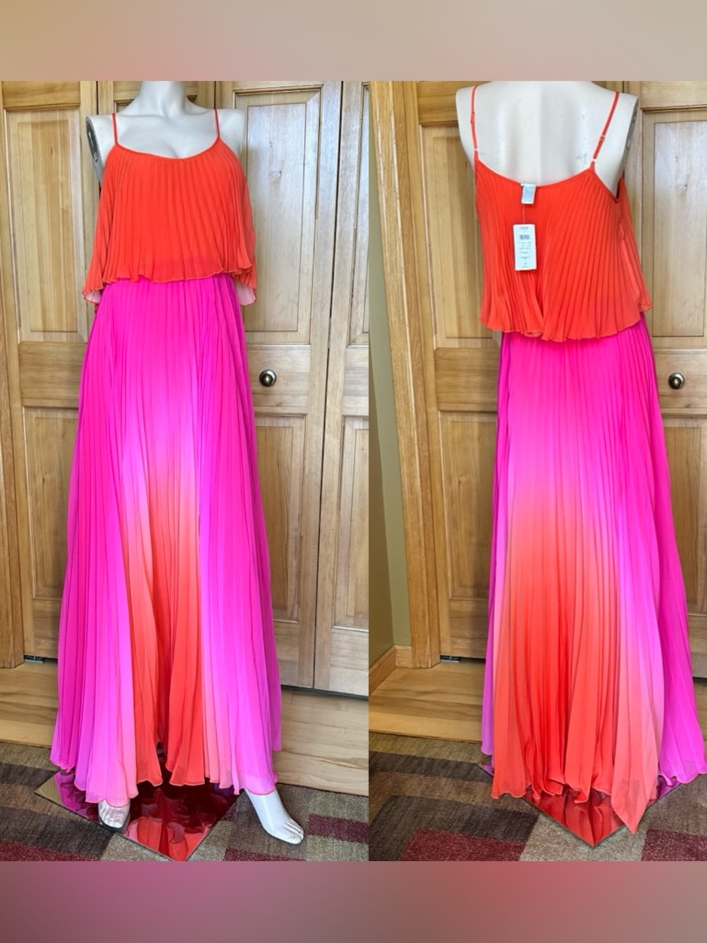 Cache Sunset Ombre Pleated Maxi Dress Statement Pink Orange NWT S #156